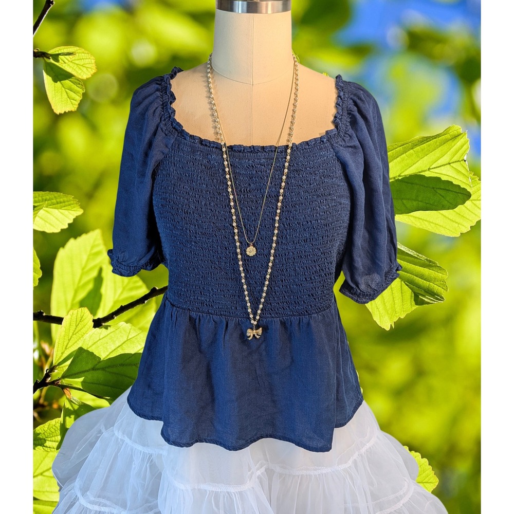 Old Navy XXL Dark Blue Smocked Peplum Top Puff Sleeve Lyocell Blouse Tope